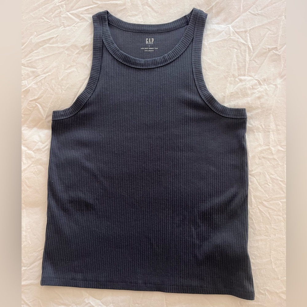 GAP Deep Sailor Blue Sleeveless Ribbed High Neck Tank Top Women’s Sz Large EUC